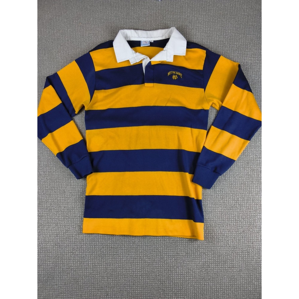 Vintage 80s Notre Dame Large Yellow Blue Striped Rugby Polo RC Sports Wear